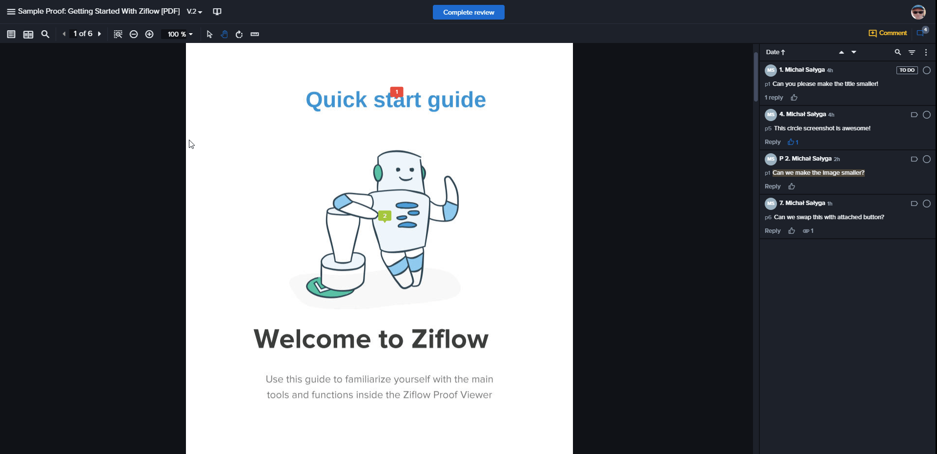 version comparison tool in Ziflow software - with commenting toolbars on the sides