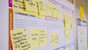 Sticky notes on a whiteboard with written compliance data points of creative production process