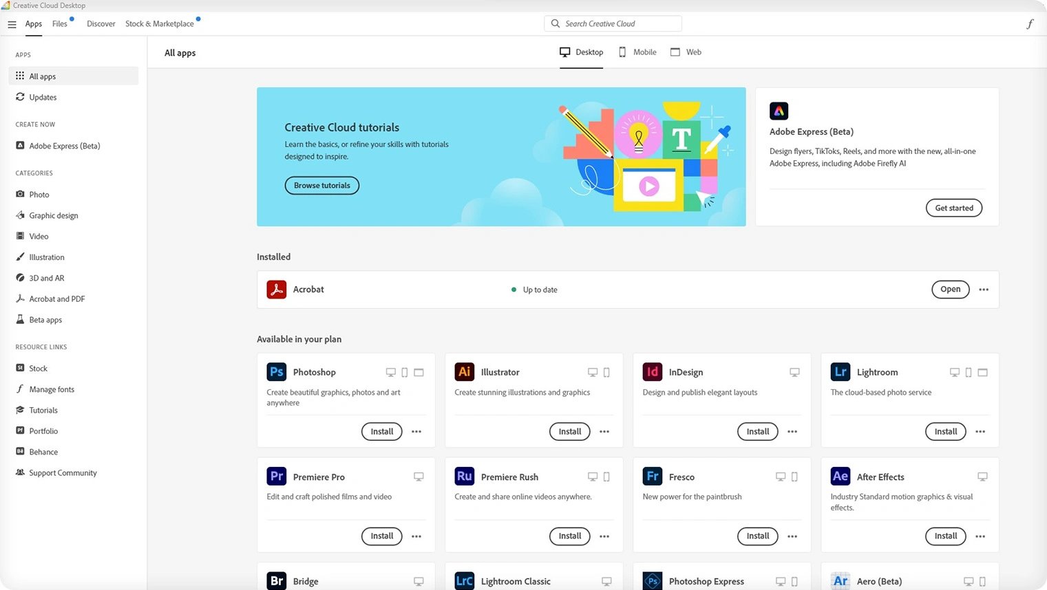 Adobe Creative Cloud interface with sidebar