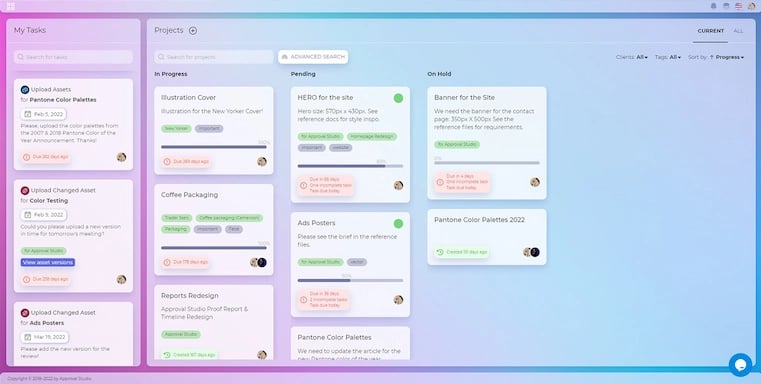 Approval Studio kanban view of projects status