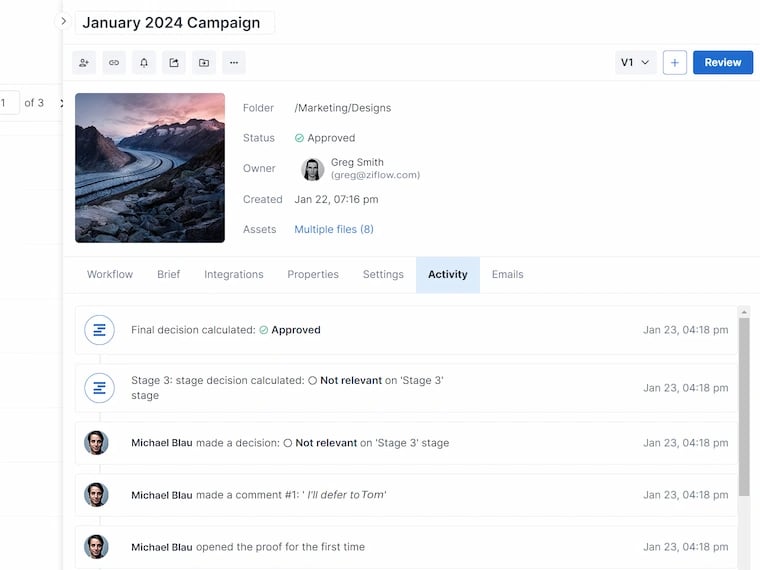 Audit trail activity log of ziflow proof