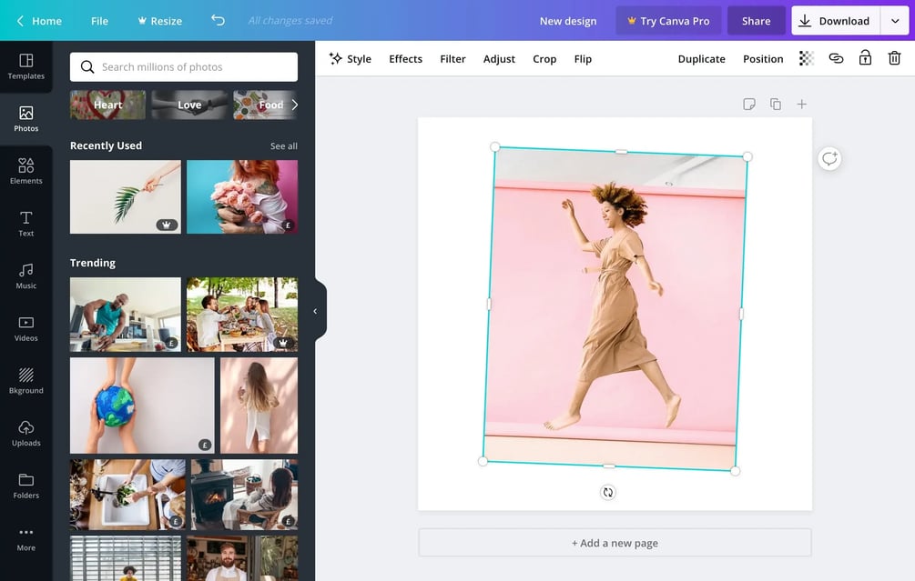 Canva dashboard with content assets panel and design view