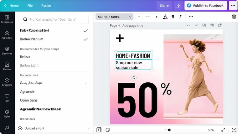Canva font selection user interface with creation