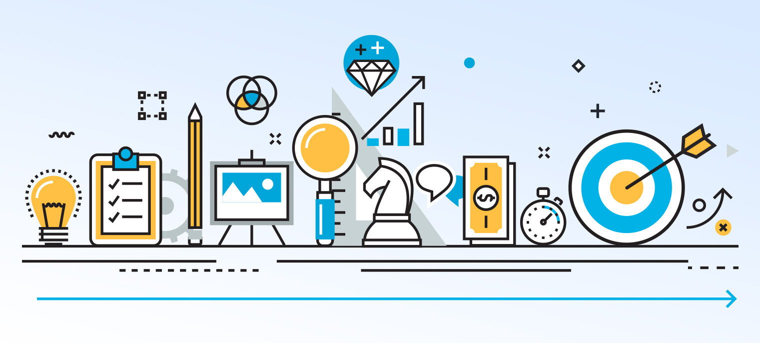 Creative brand management process visualized with icons and symbols