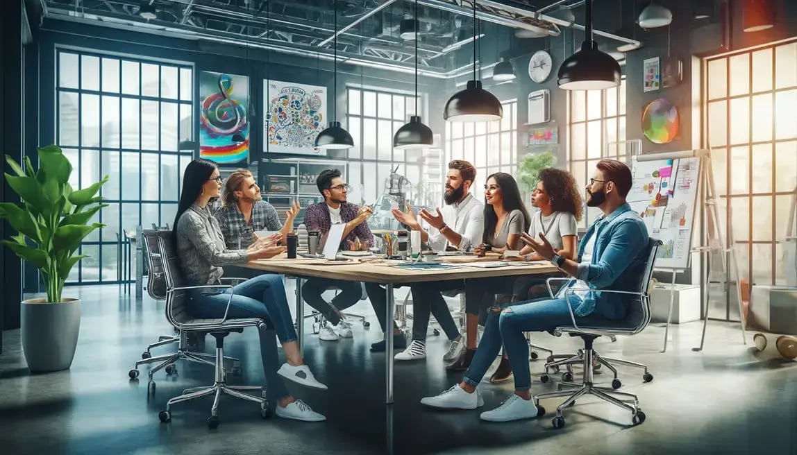 Creative design team brainstorming in an industrial office