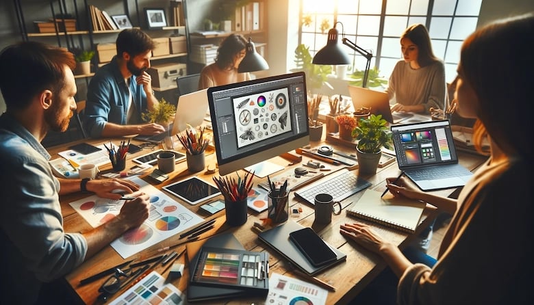 Creative designers brainstorming about new marketing campaign concept by the desk 