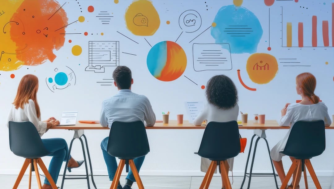 Creative managers looking at board witg processes and statistics