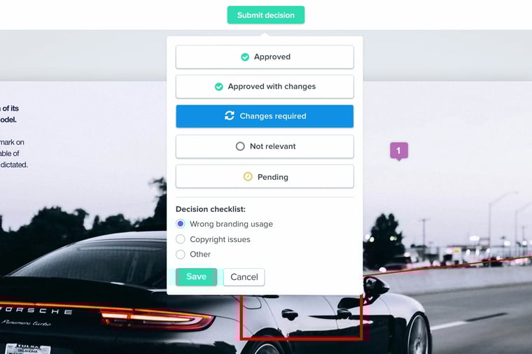 Decision making process on creative collaboration made easier with Ziflow - Decisions pick option