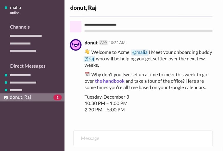 Donut and Slack integration channel interface