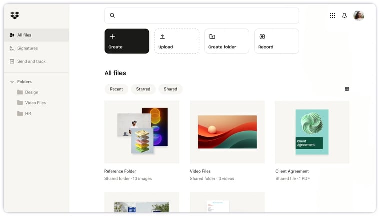 Dropbox files list and organization sidebar