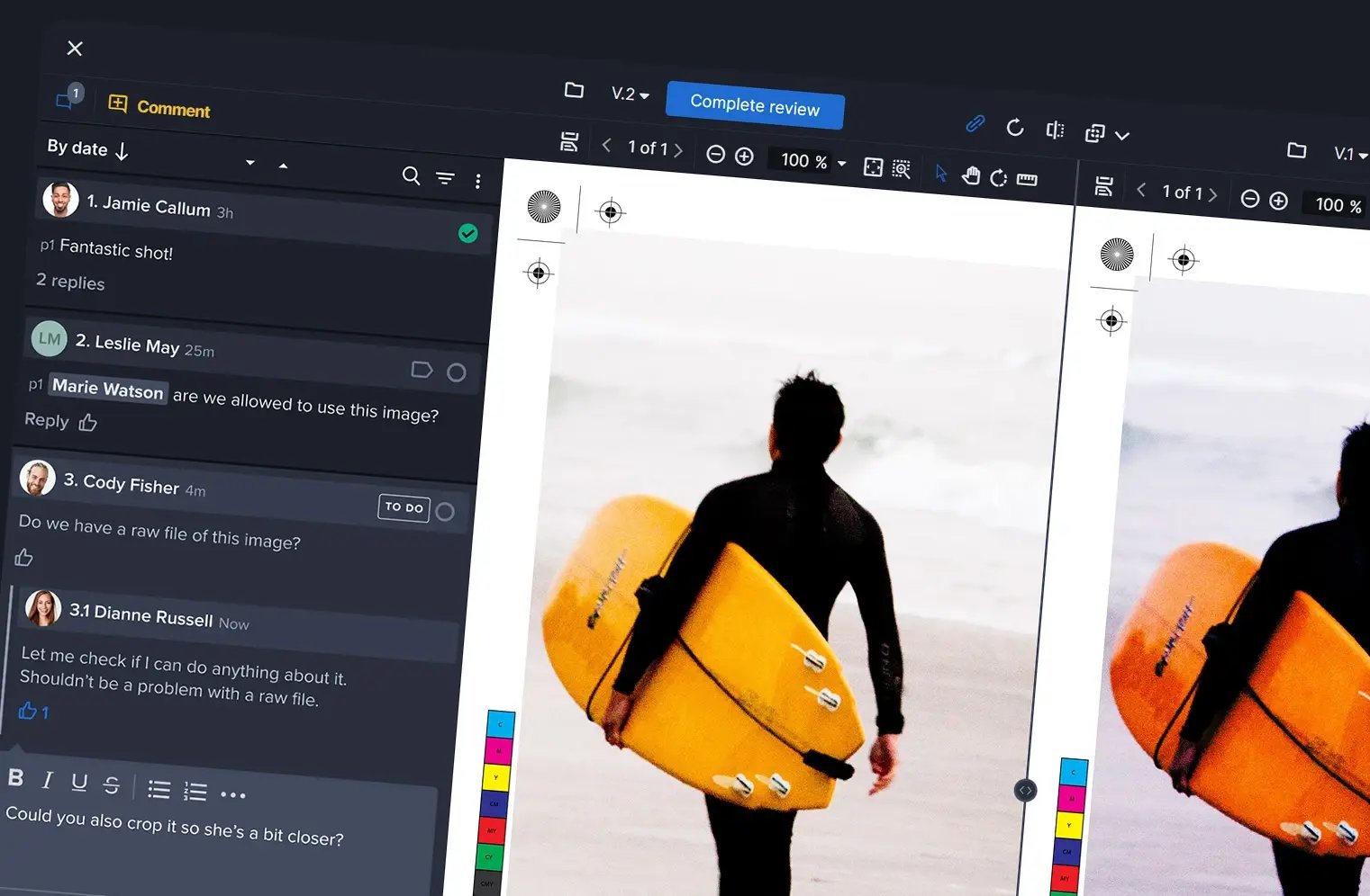 Enterprise online proofing platform user interface with sidebar comments section