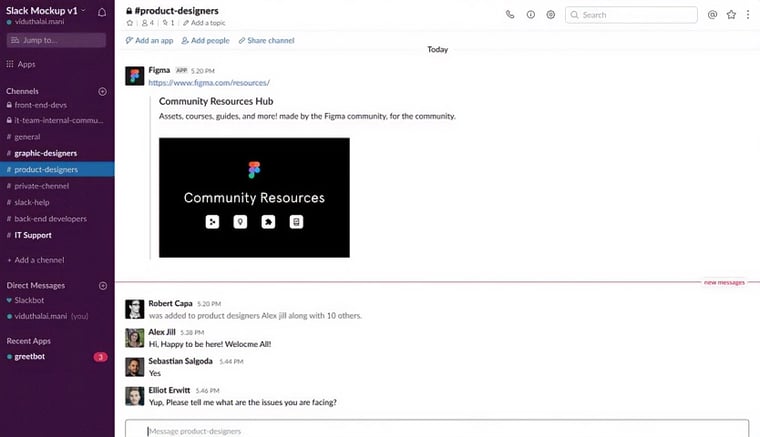 Figma and Slack integration user interface with message window