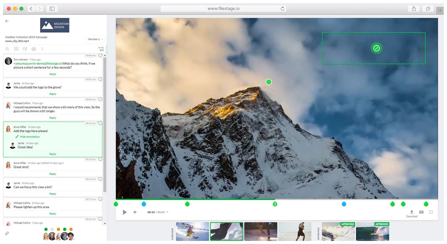 Filestage online approval software proof review interface with timestamps