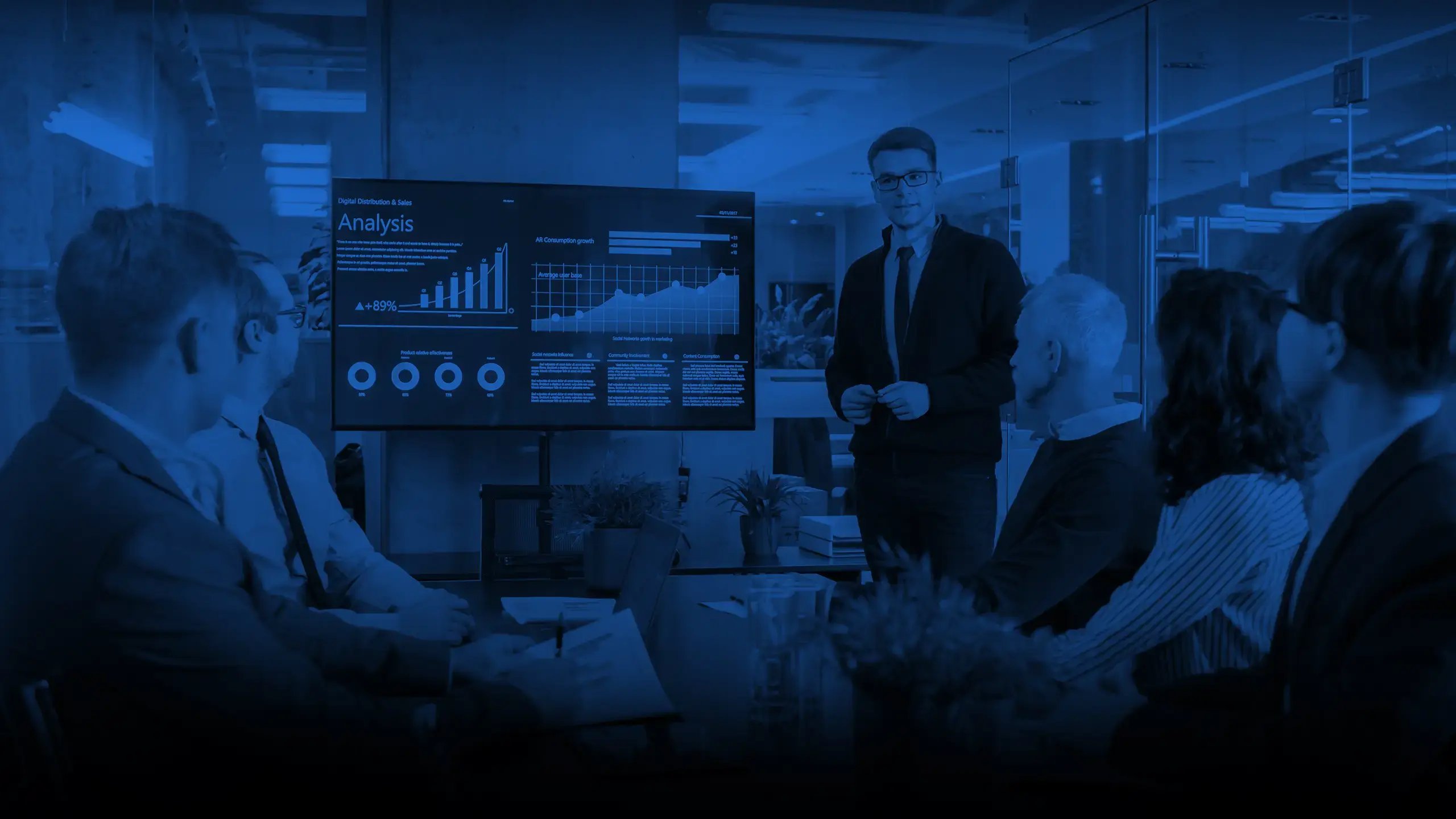 Financial department team reviewing annual company performance 