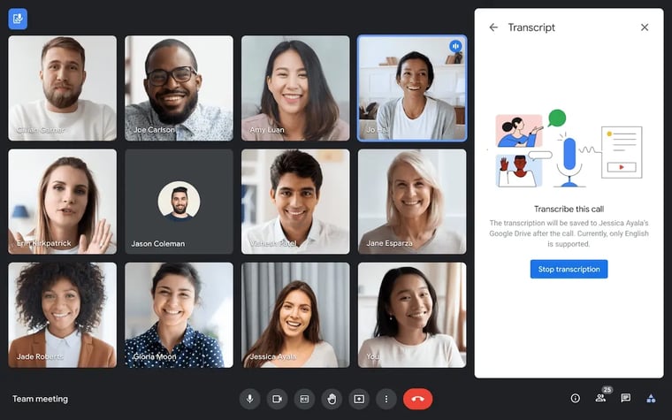 Google meet call participants smiling to a camera and talking