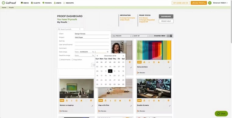 GoProof dashboard UI with data picker filtering