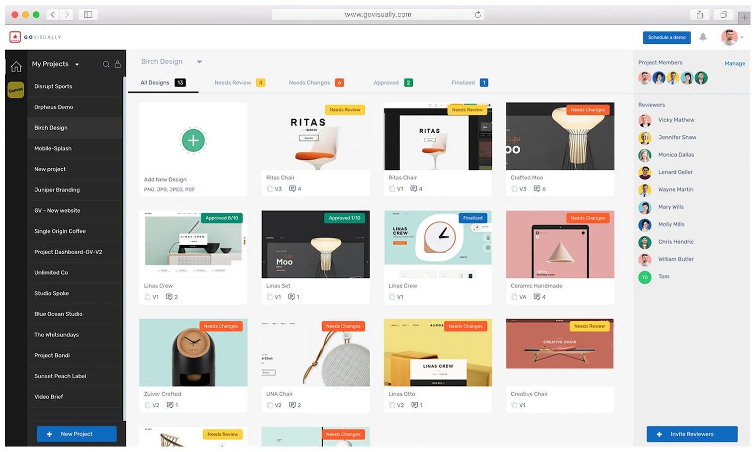 GoVisually User Interface with list of content for review and reviewers on the sidebar