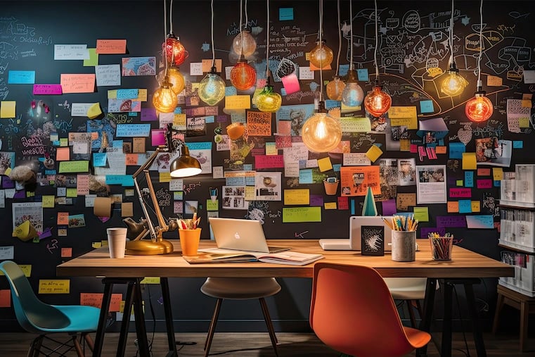 House office full of sticky notes on the wall