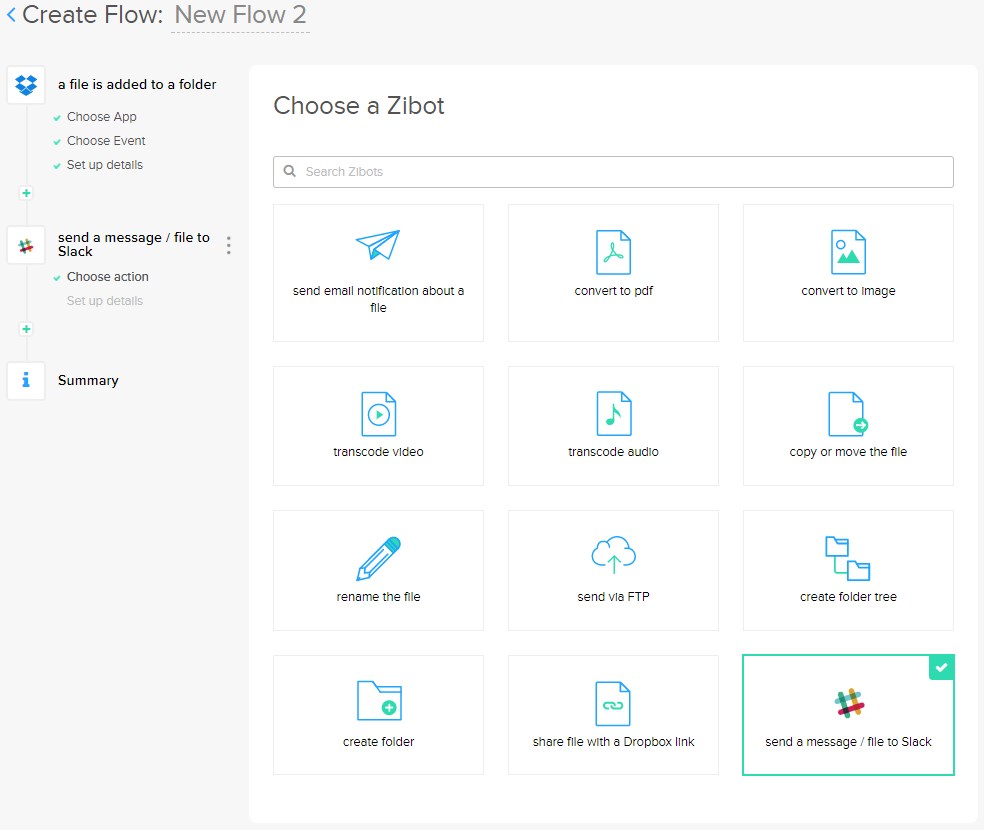 Send a message or file to Slack with Ziflow bot help
