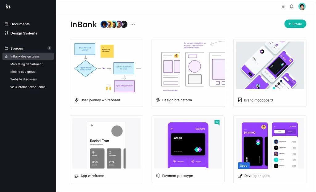 Invision application dashboard view with templates grid list
