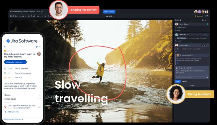 Jira mobile app and Ziflow desktop interface juxtaposed 