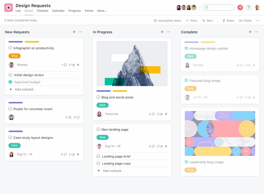 Kanban view of Asana tasks list - new requests, in progress and complete