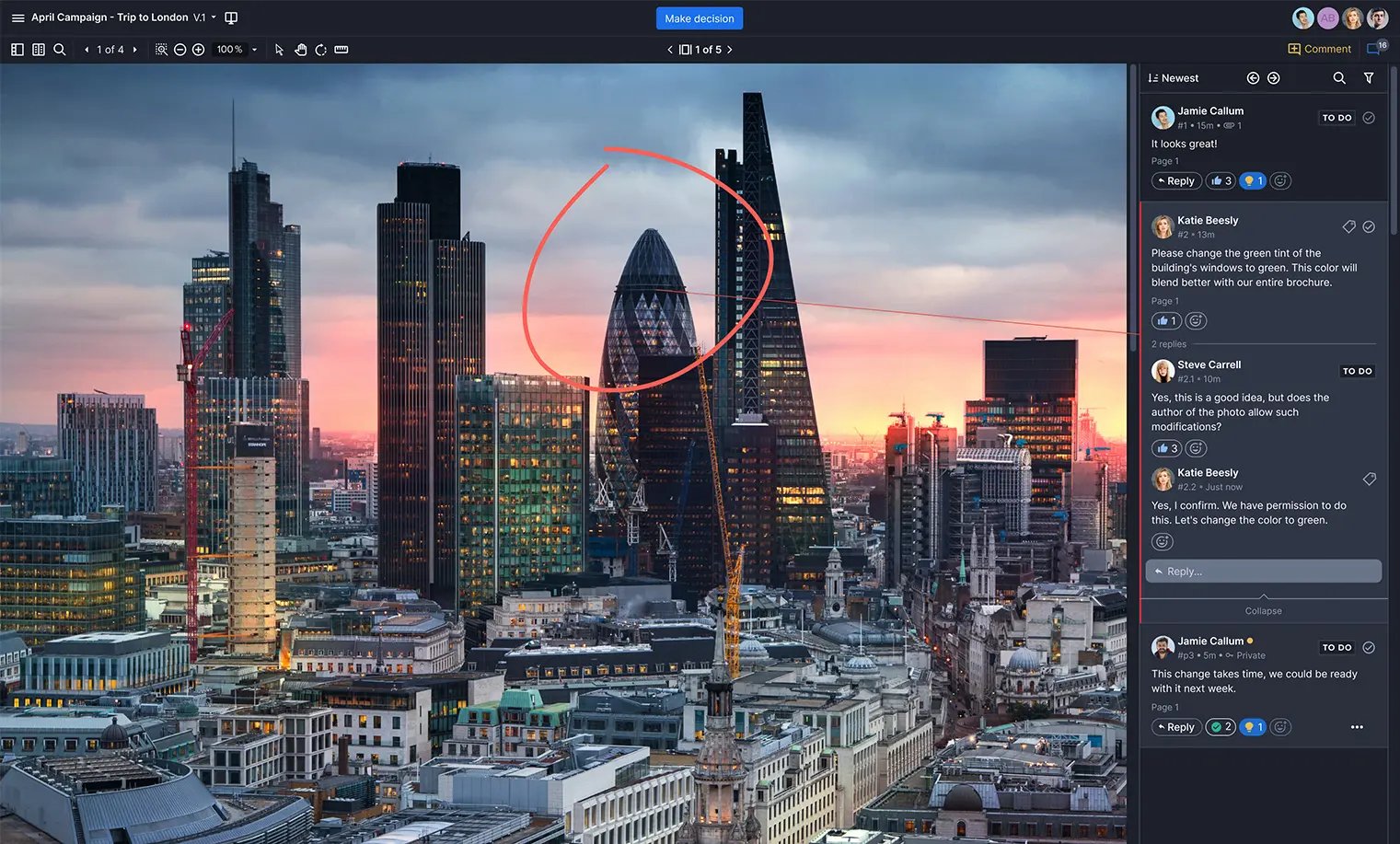 London city centre landscape proof being reviewed in Ziflow with comments