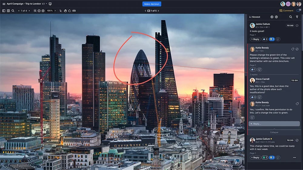 London downtown skyscrapers creative proof being reviewed and commented on in Ziflow
