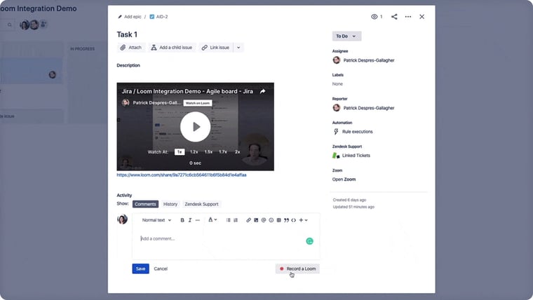 Loom and Jira integration in a task details