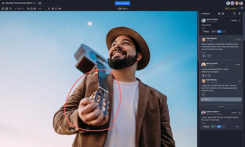 Man holding guitar being reviewed in Ziflow proof viewer with commenting section