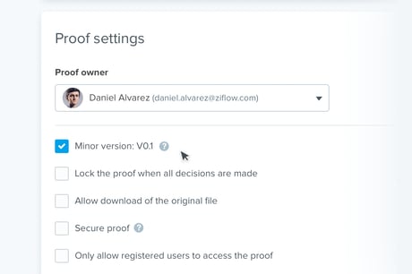 Proof settings of marketing content being reviewed with Proof owner choice