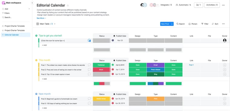 Monday.com tasks workflow view with additional details