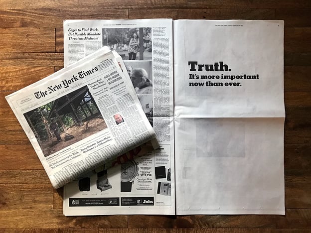 new york times magazine with "Truth is more important than ever" printed sentence
