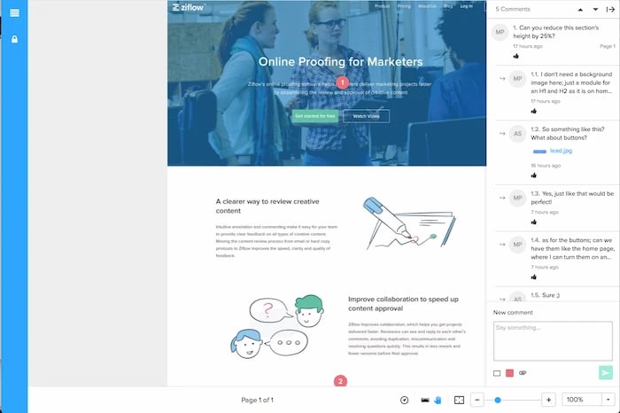 Public and threaded comments in creative designers team working on a proof