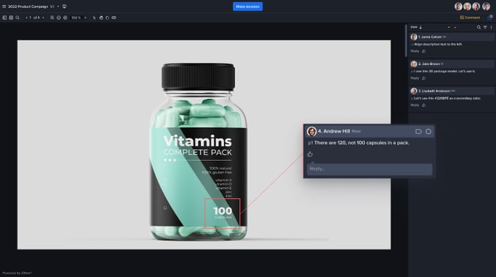 PDF Annotations tool of Ziflow online collaboration platform - Vitamins complete pack photo being reviewed