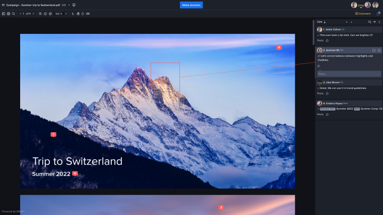 PDF Markups in Ziflow app - Trip to Switzerland photo being reviewed and commented on