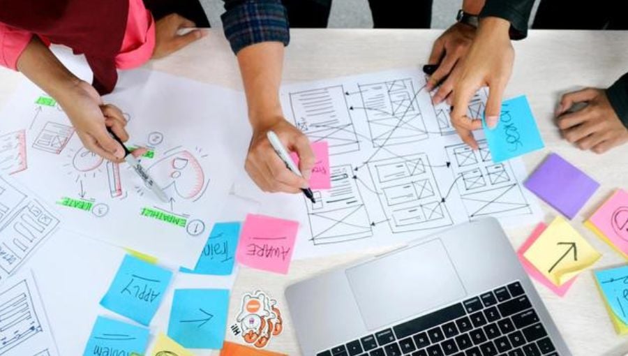 people working on a concept at the desk with markers