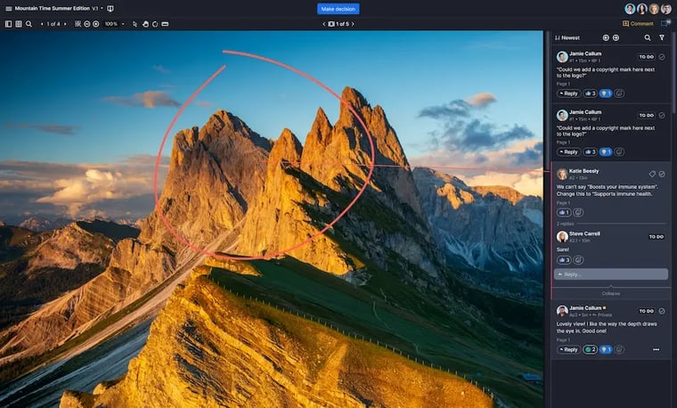 Photo of a mountain displayed in a proof viewer and being commented on