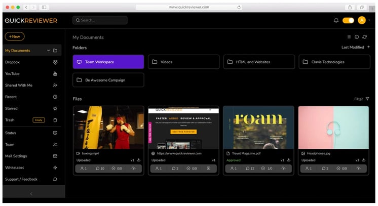 Quickreviewer interface with sidebar on the left and proofs thumbnails on the right