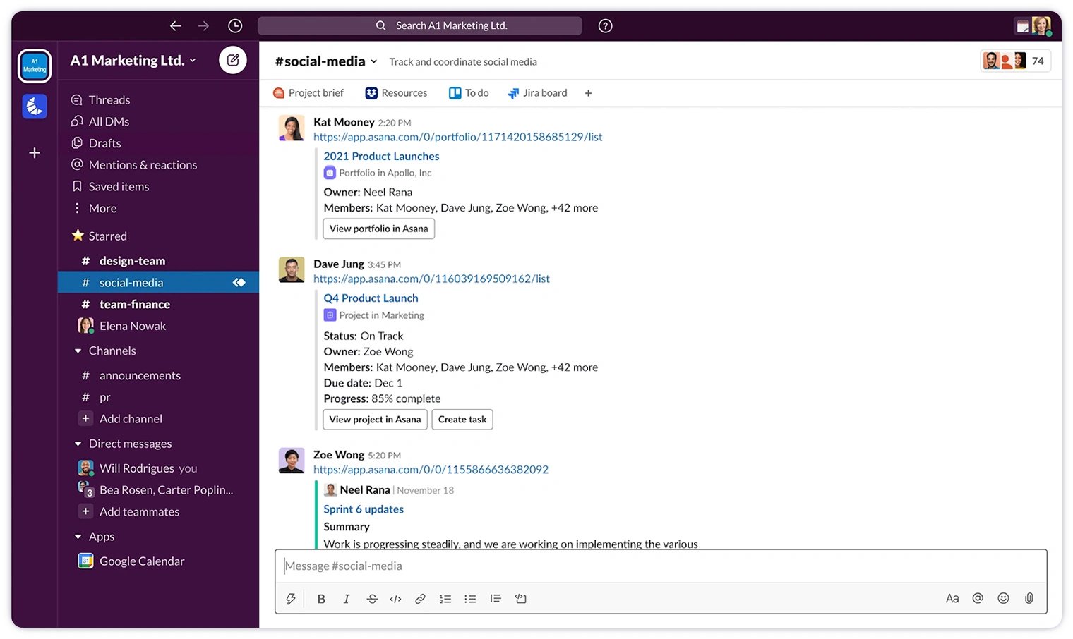 Slack interface with starred channels and messages