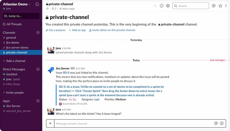 Slack Jira notification in a private channel desktop application user interface