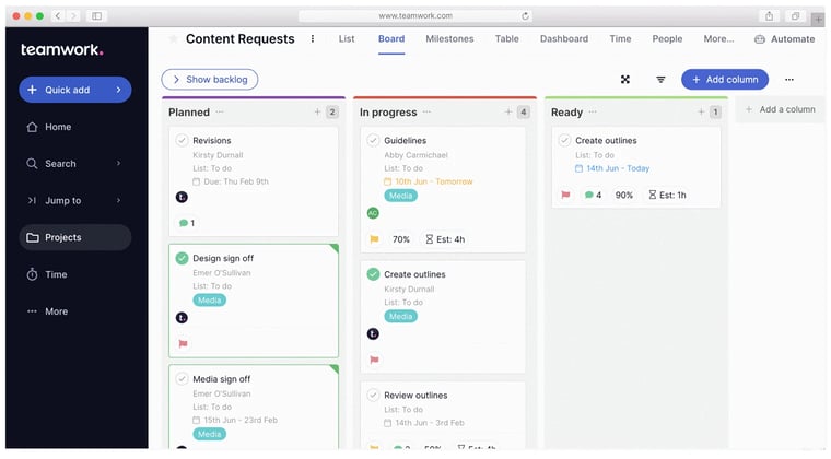 Teamwork kanban view with columns and tasks