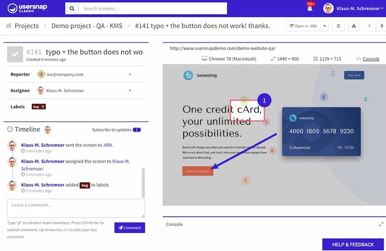 Usersnap online proofing software for visual feedback