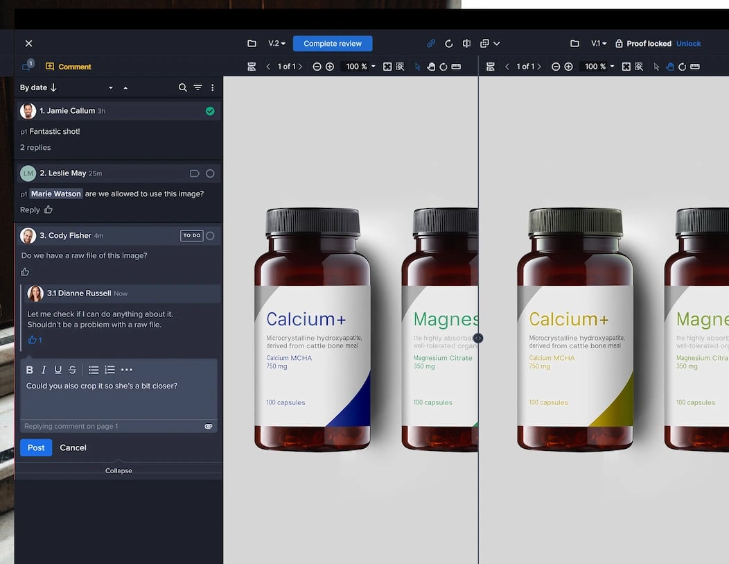 Version comparison feature of online reviewing software Ziflow