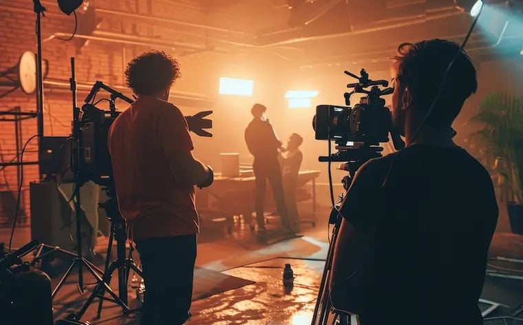 Video recording commercial in a studio room with bright lights