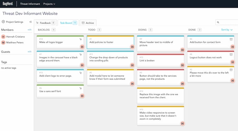 Website bug tracking software main dashboard bugherd with kanban view