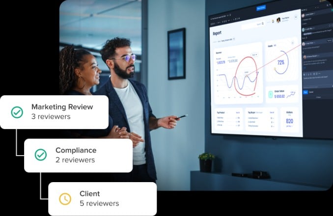Workflow steps chart and financial analysts in the background