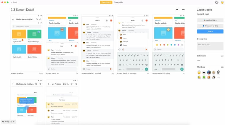 Zeplin design online software with mobile view screen details of an app project
