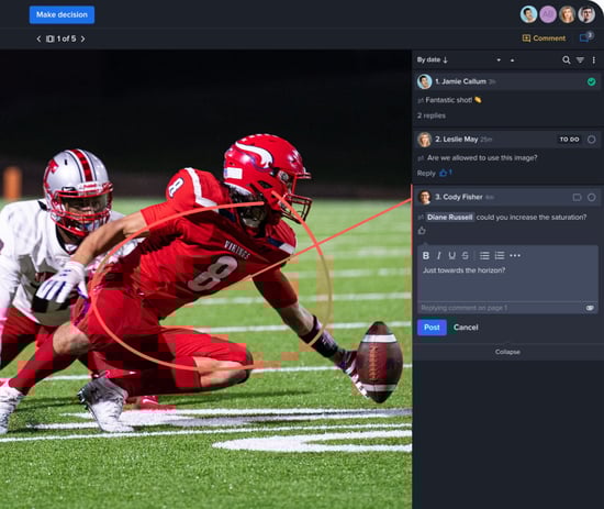 Ziflow comments review with NFL players and markup tool