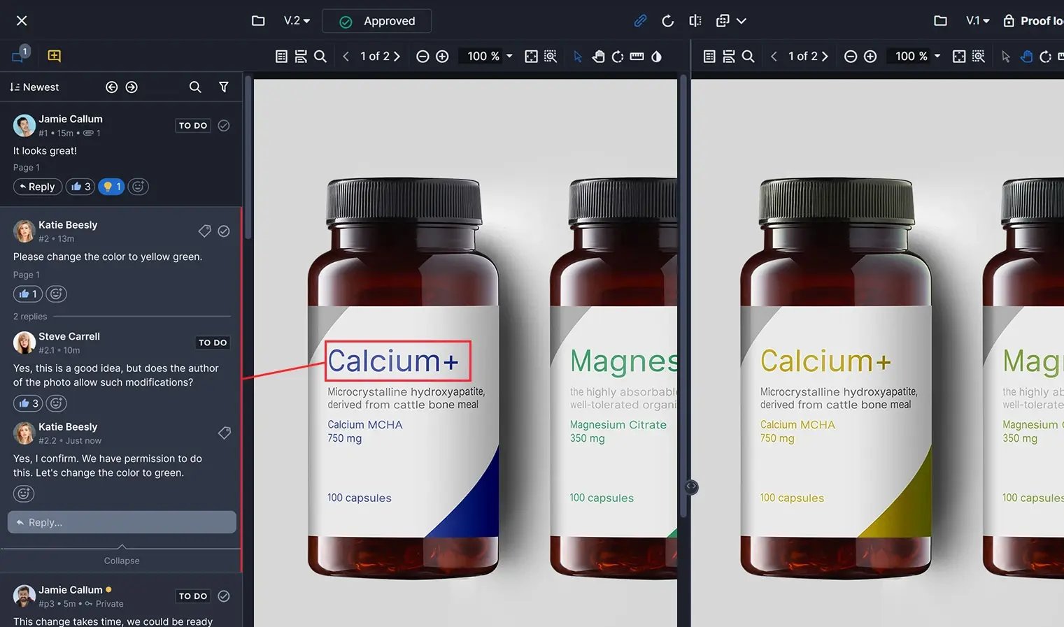 Ziflow proof viewer, versions comparison and commenting sidebar with highlight tool - pills bottles being proofed